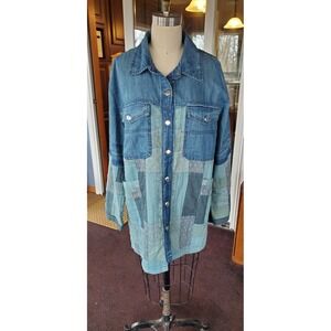 We The Free Free People Patchwork Denim Jacket Blue Green Oversized Shacket S